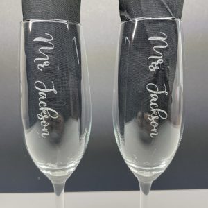 Mr and Mrs Personalised wedding champagne glasses